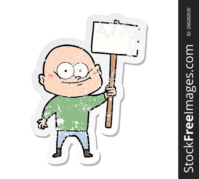 distressed sticker of a cartoon bald man staring with sign