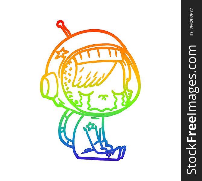 Rainbow Gradient Line Drawing Cartoon Crying Astronaut Girl Sitting
