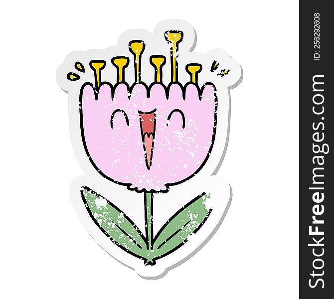 Distressed Sticker Of A Cartoon Happy Flower