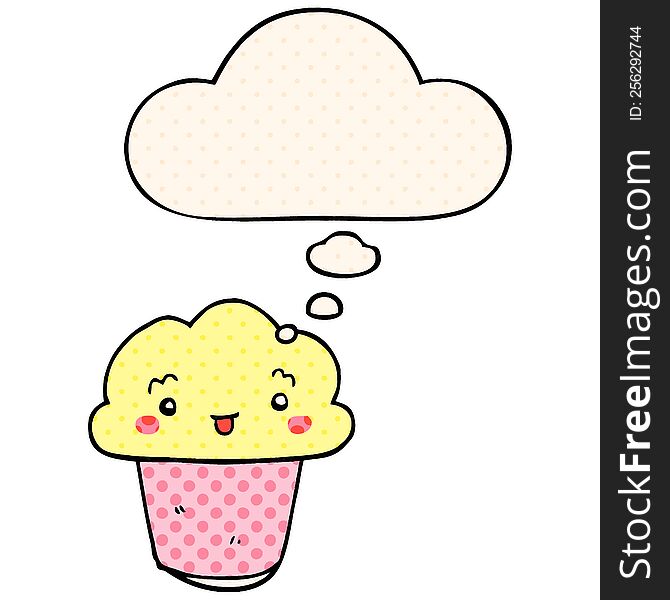 cartoon cupcake with face with thought bubble in comic book style