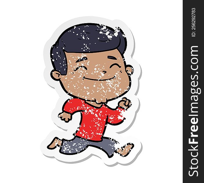 Distressed Sticker Of A Happy Cartoon Man Running