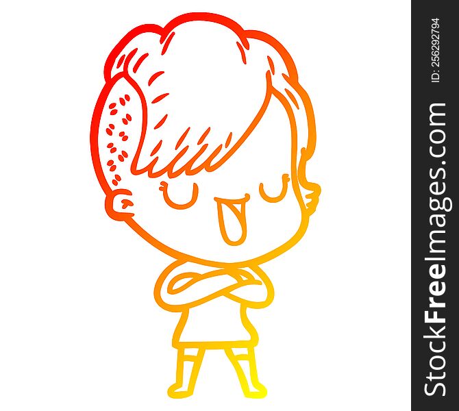 Warm Gradient Line Drawing Cute Cartoon Girl With Hipster Haircut
