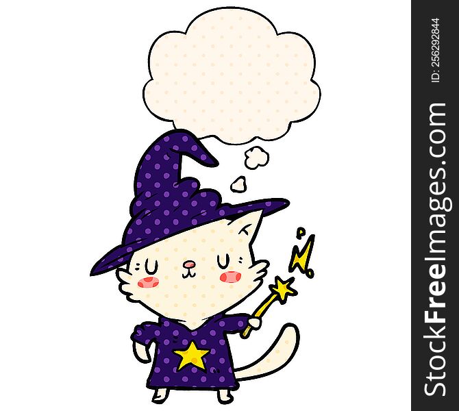 cartoon cat wizard with thought bubble in comic book style