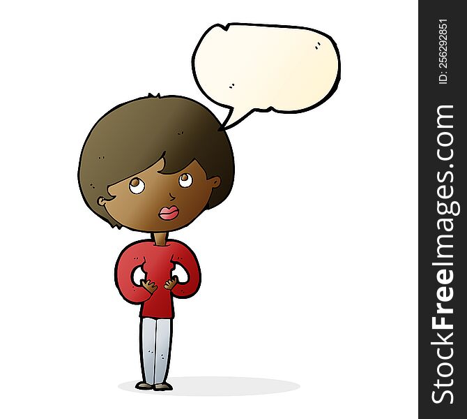 cartoon woman making Who Me gesture with speech bubble