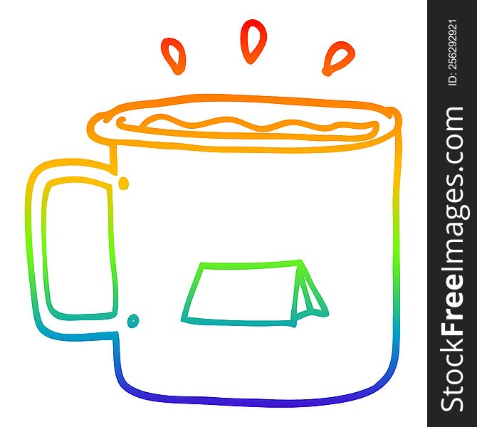 rainbow gradient line drawing of a cartoon camping mug