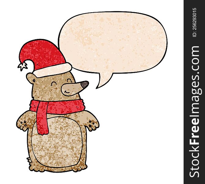 Cartoon Christmas Bear And Speech Bubble In Retro Texture Style
