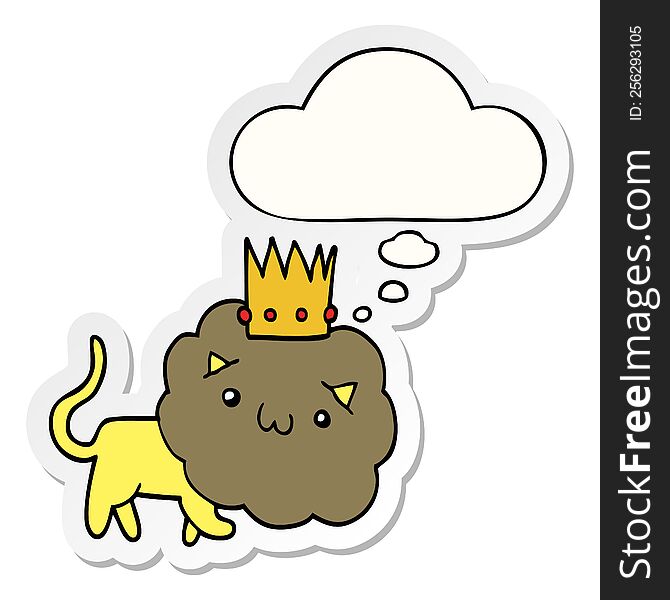 cartoon lion with crown with thought bubble as a printed sticker