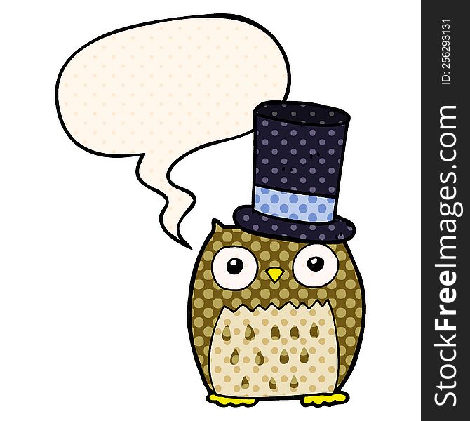 Cartoon Owl Wearing Top Hat And Speech Bubble In Comic Book Style