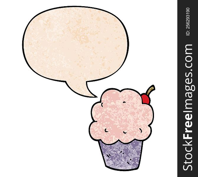 Cartoon Cupcake And Speech Bubble In Retro Texture Style