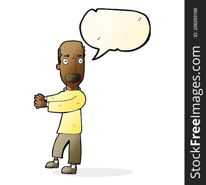 cartoon balding man explaining with speech bubble