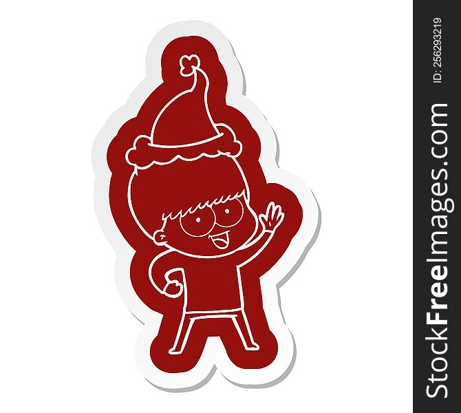 happy quirky cartoon  sticker of a boy wearing santa hat