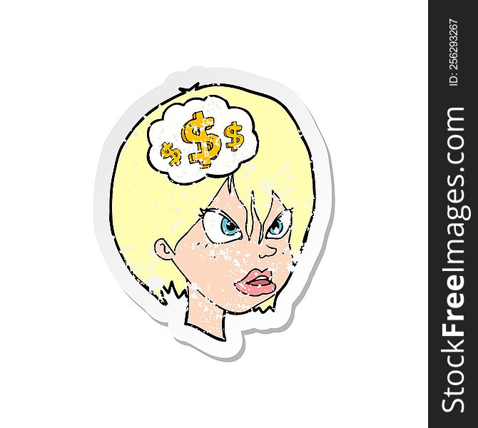 retro distressed sticker of a cartoon woman thinking about money