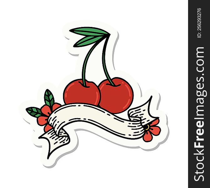 tattoo style sticker with banner of cherries