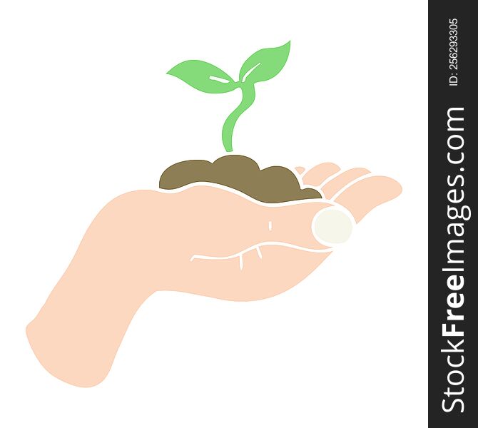 flat color illustration of seedling growing held in hand. flat color illustration of seedling growing held in hand