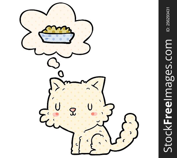 cartoon cat and food with thought bubble in comic book style