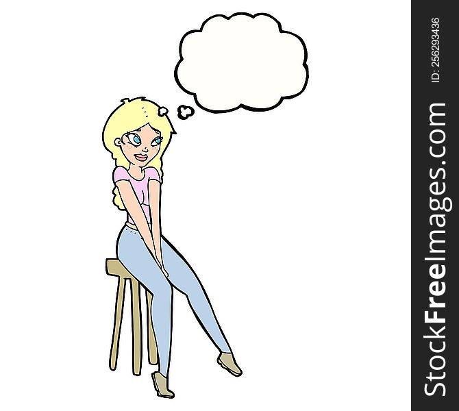 Cartoon Pretty Girl On Stool With Thought Bubble