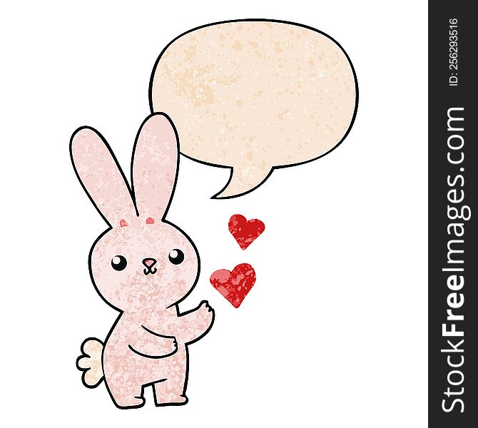 cute cartoon rabbit with love hearts with speech bubble in retro texture style. cute cartoon rabbit with love hearts with speech bubble in retro texture style