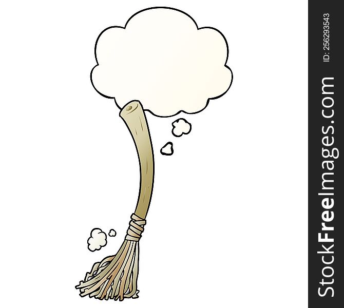 cartoon magic broom with thought bubble in smooth gradient style