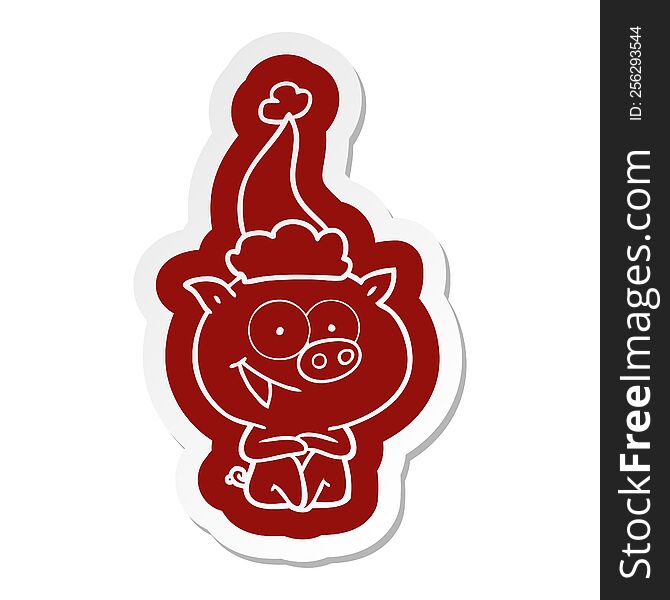 Cheerful Sitting Pig Cartoon  Sticker Of A Wearing Santa Hat