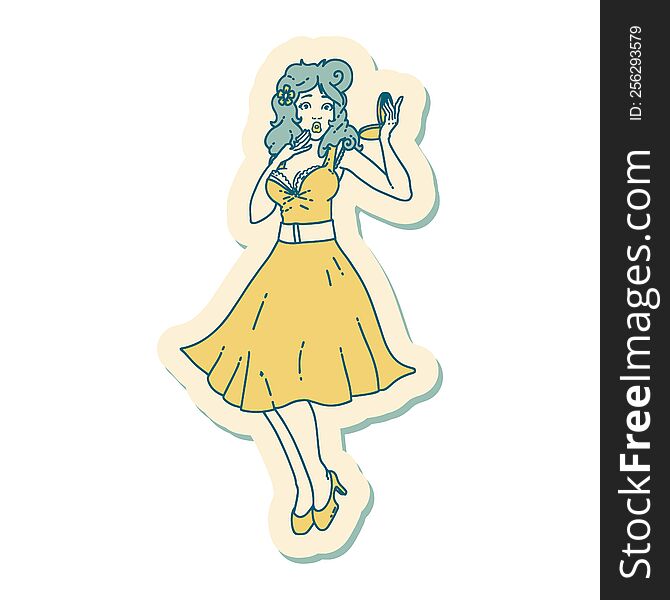 sticker of tattoo in traditional style of a pinup surprised girl. sticker of tattoo in traditional style of a pinup surprised girl