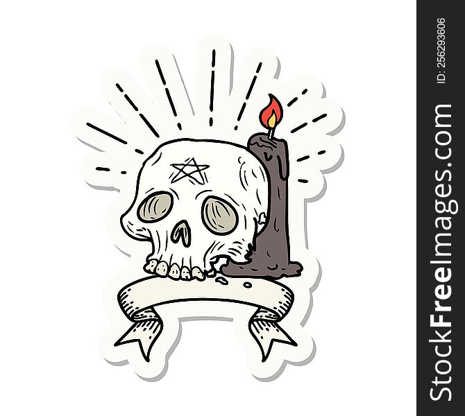 sticker of a tattoo style spooky skull and candle