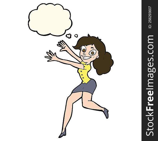 Cartoon Happy Woman Jumping With Thought Bubble