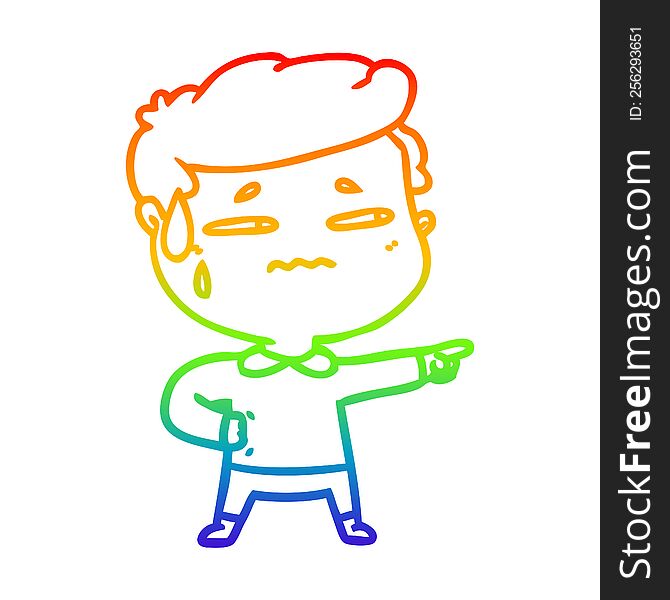 rainbow gradient line drawing of a cartoon anxious man pointing