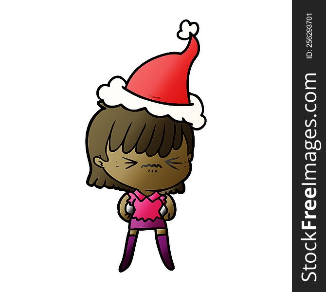 annoyed hand drawn gradient cartoon of a girl wearing santa hat. annoyed hand drawn gradient cartoon of a girl wearing santa hat