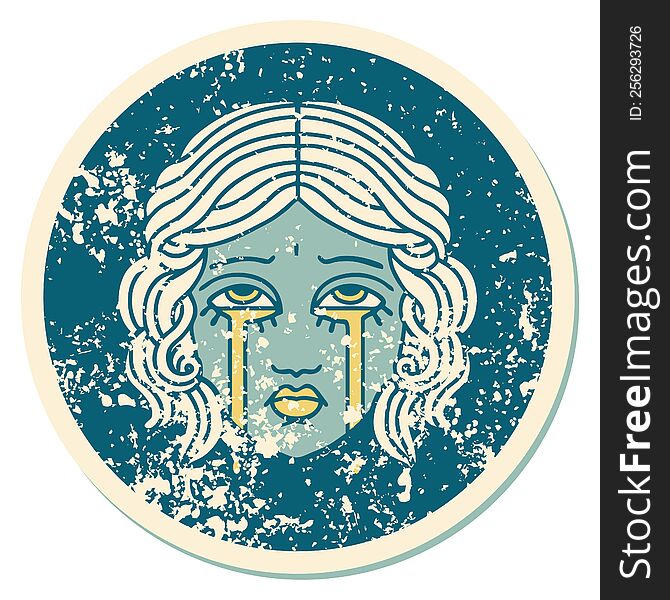 iconic distressed sticker tattoo style image of female face crying. iconic distressed sticker tattoo style image of female face crying
