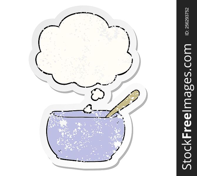 cartoon soup bowl with thought bubble as a distressed worn sticker