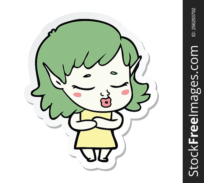 sticker of a shy cartoon elf girl