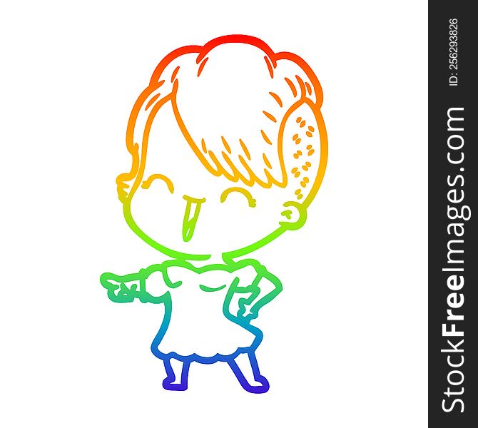 Rainbow Gradient Line Drawing Happy Cartoon Hipster Girl