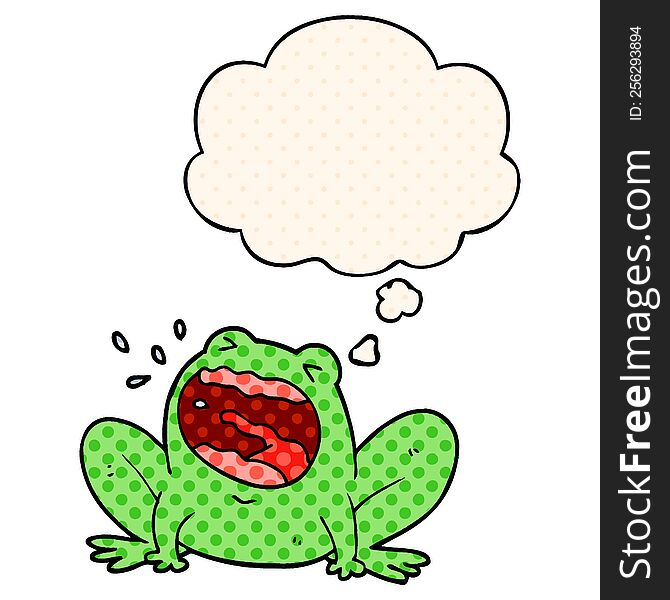cartoon frog shouting with thought bubble in comic book style