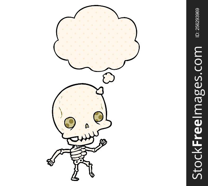 cartoon skeleton with thought bubble in comic book style