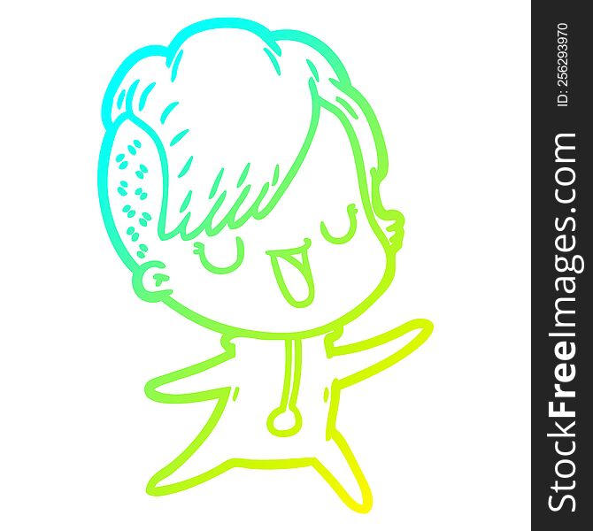 cold gradient line drawing of a cute cartoon girl with hipster haircut