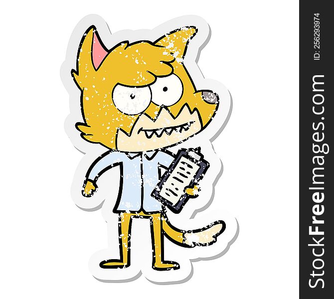 distressed sticker of a cartoon grinning fox with clipboard