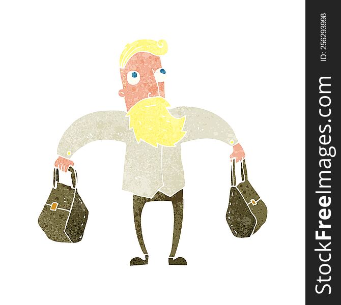 cartoon hipster man carrying bags