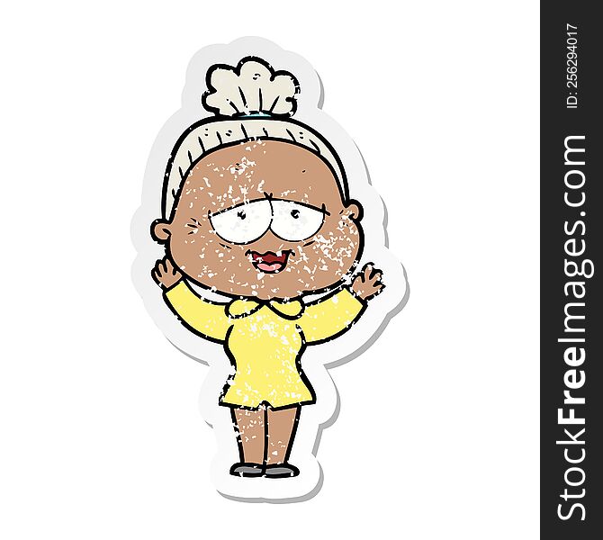 Distressed Sticker Of A Cartoon Happy Old Lady