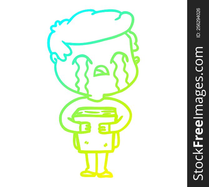 cold gradient line drawing of a cartoon man crying holding book