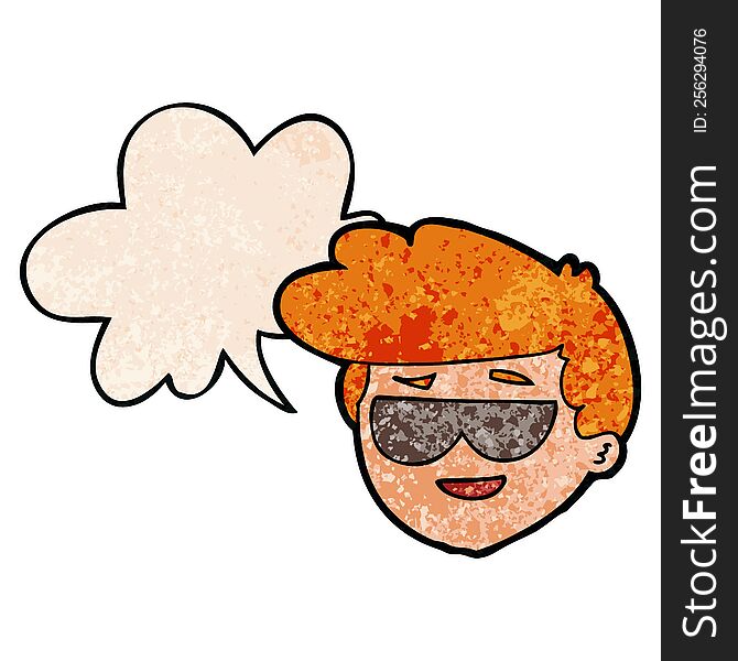 cartoon boy wearing sunglasses with speech bubble in retro texture style