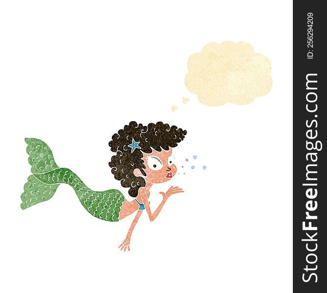 cartoon mermaid blowing kiss with thought bubble