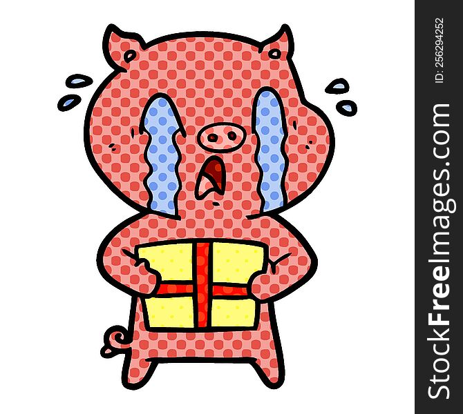 crying pig cartoon delivering christmas present. crying pig cartoon delivering christmas present