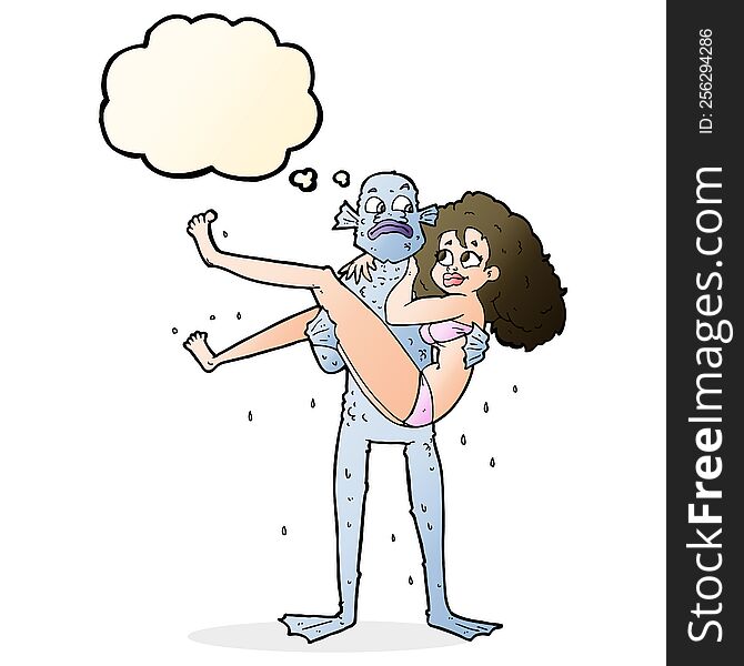 cartoon swamp monster carrying woman in bikini with thought bubble