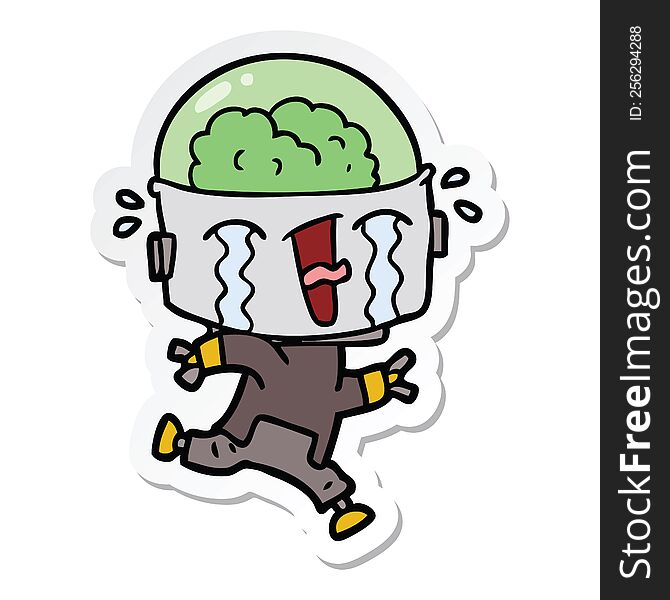 Sticker Of A Cartoon Crying Robot Running