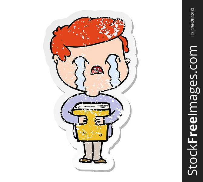 distressed sticker of a cartoon man crying holding book