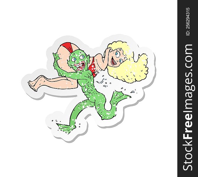 retro distressed sticker of a cartoon swamp monster carrying girl in bikini