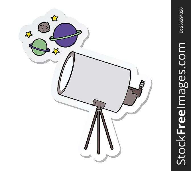 Sticker Of A Cartoon Telescope Looking At Planets