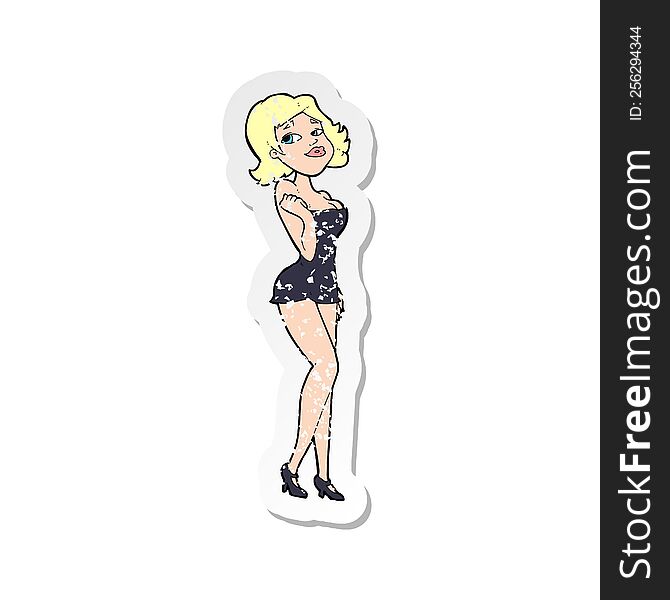 retro distressed sticker of a cartoon attractive woman in short dress