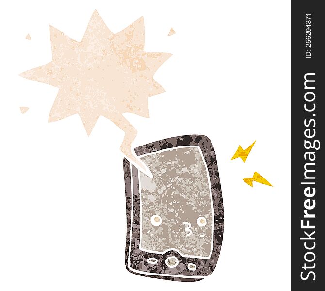 Cartoon Mobile Phone And Speech Bubble In Retro Textured Style