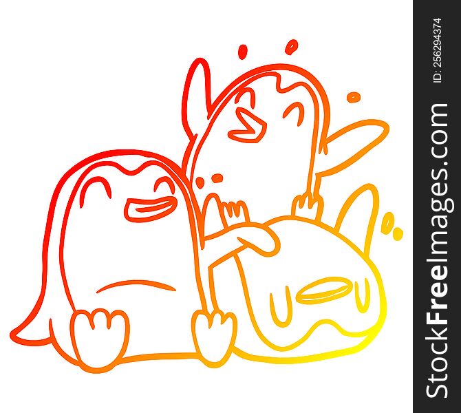 warm gradient line drawing happy penguins